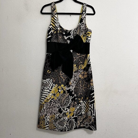 Kay Unger Black Yellow Bow Detail Brocade Silk Cocktail Party Dress Size 8 - Picture 1 of 11